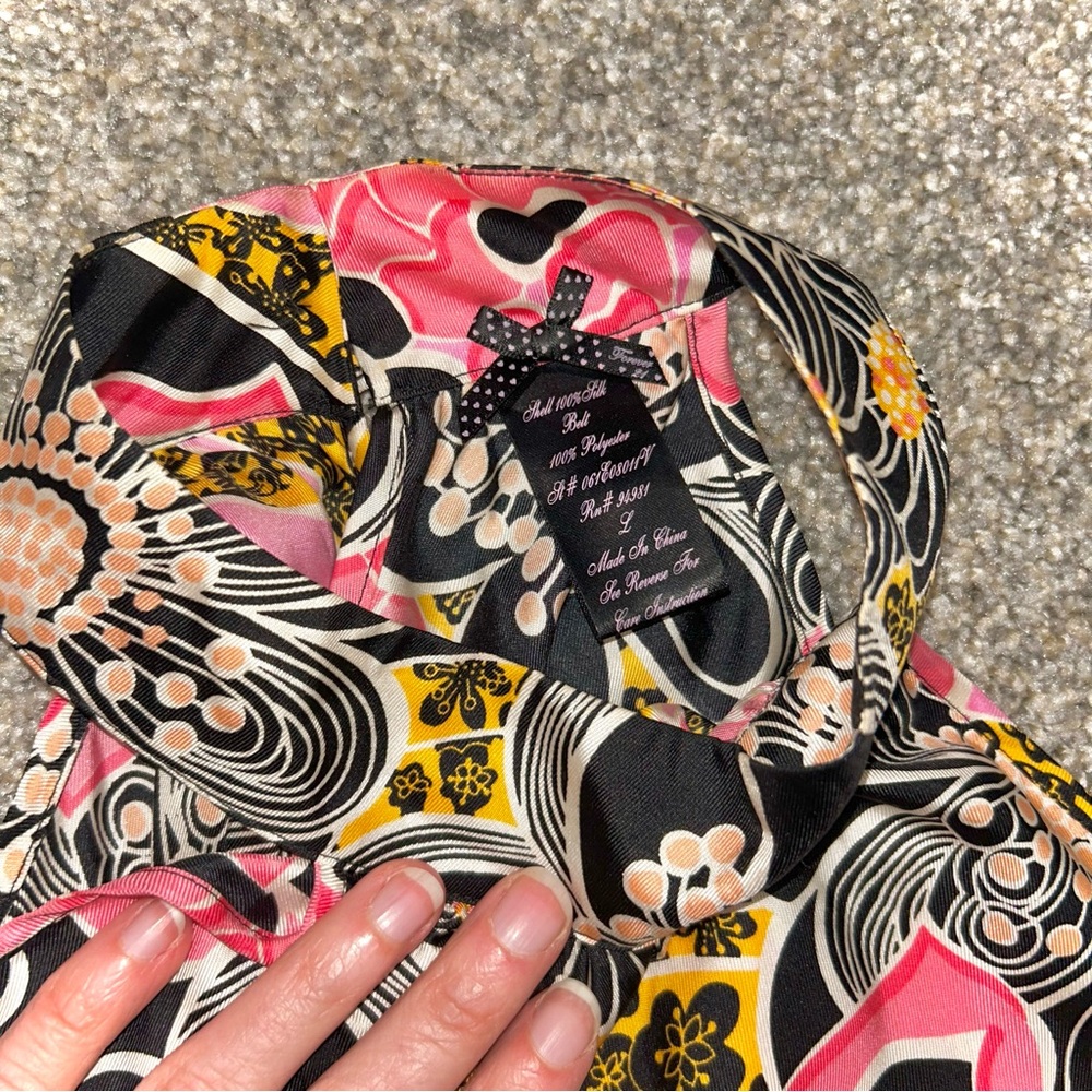 100% Silk Floral Halter High Neck Top Pink Black Gold 1960s Inspired Retro Print - Picture 3 of 6